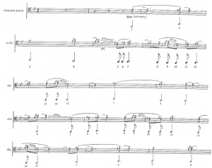 Exemplo Musical  12: As 5 Alturas andando sobre as 15 durações do Cello de Liturgia de Cristal como é na seqüência da partitura