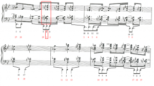 Exemplo Musical  7: Serie de 17 durações junto a serie de 25 acordes do piano de Liturgia de Cristal
