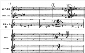 Exemplo Musical 8: Motivo auxiliar de Farben, piccolos, flautas, primeiro clarinete, harpa, celesta.